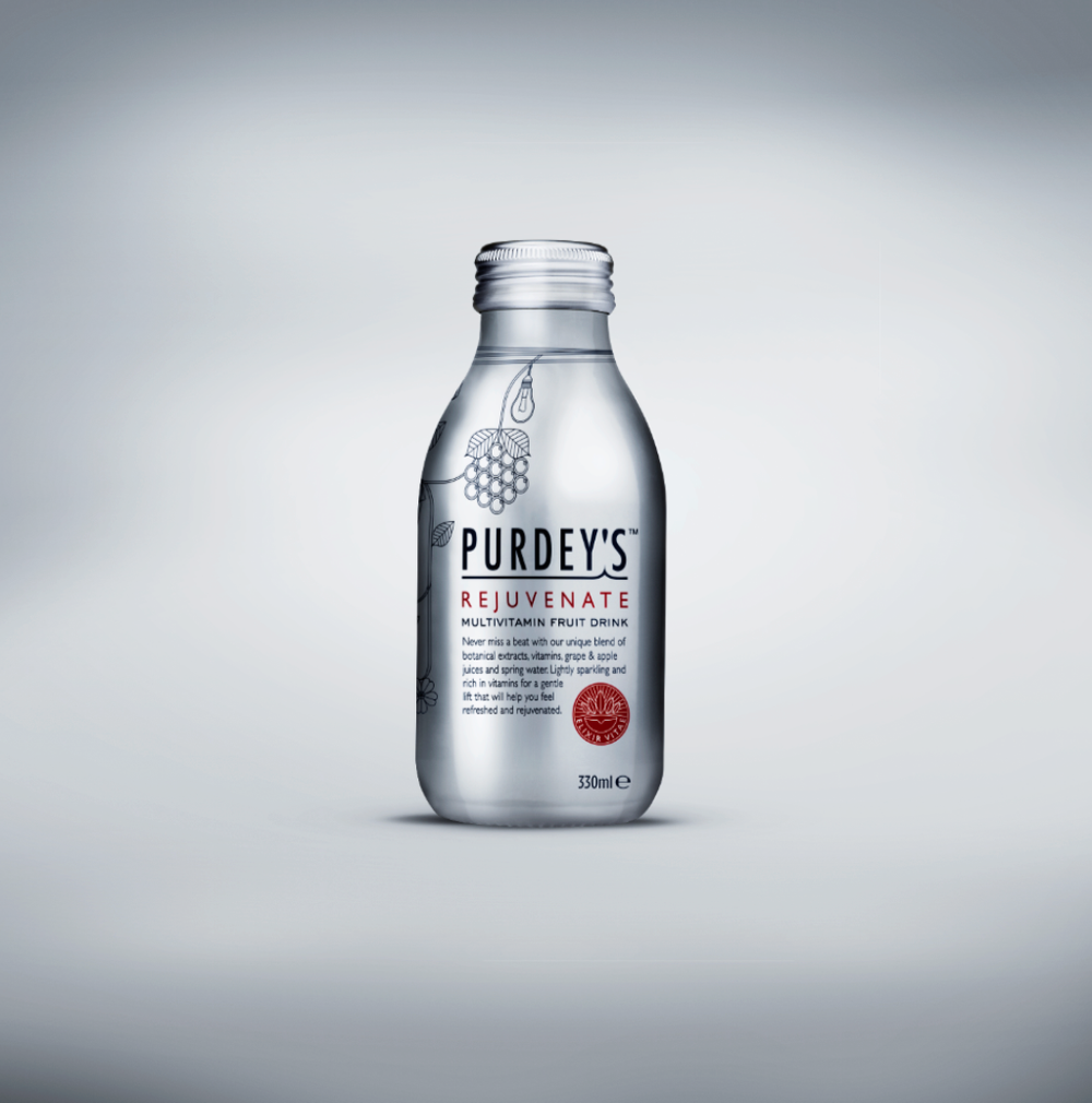 Minimalist product shot of silver Purdey's vitamin drink bottle on white background.