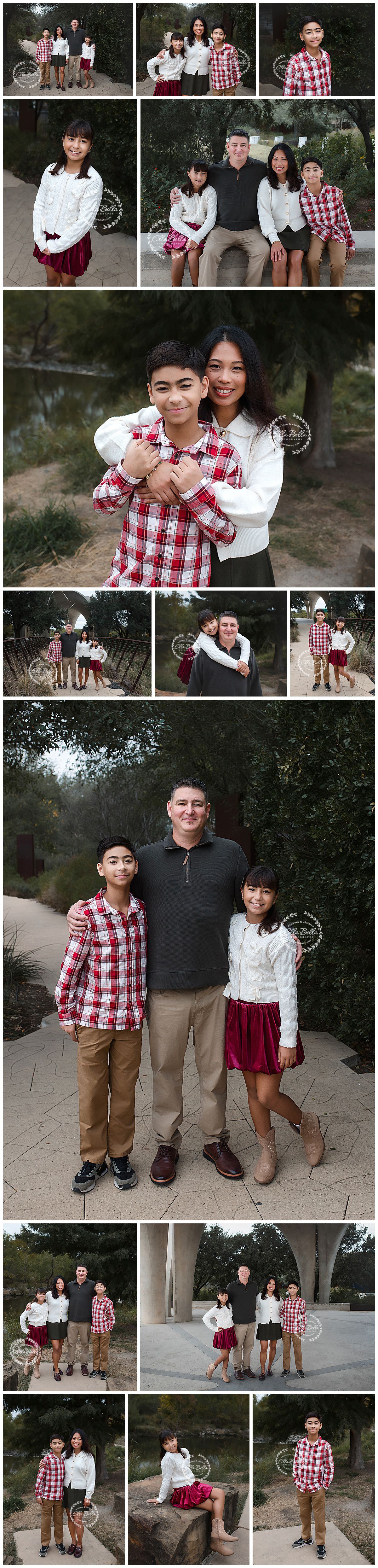 Family photo session outdoors featuring coordinated red and white outfits against natural garden backgrounds.