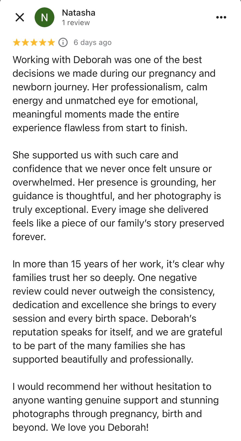 A screenshot of customer reviews and testimonials with star ratings showing positive feedback about photography services.