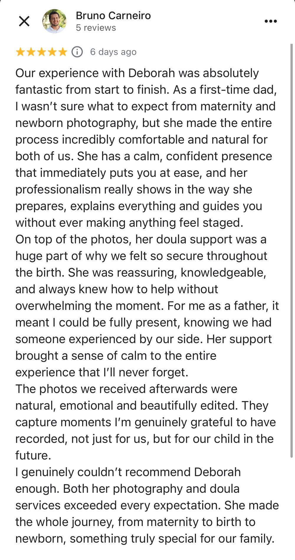 A screenshot of a 5-star review praising Deborah's photography and doula services for a newborn session.