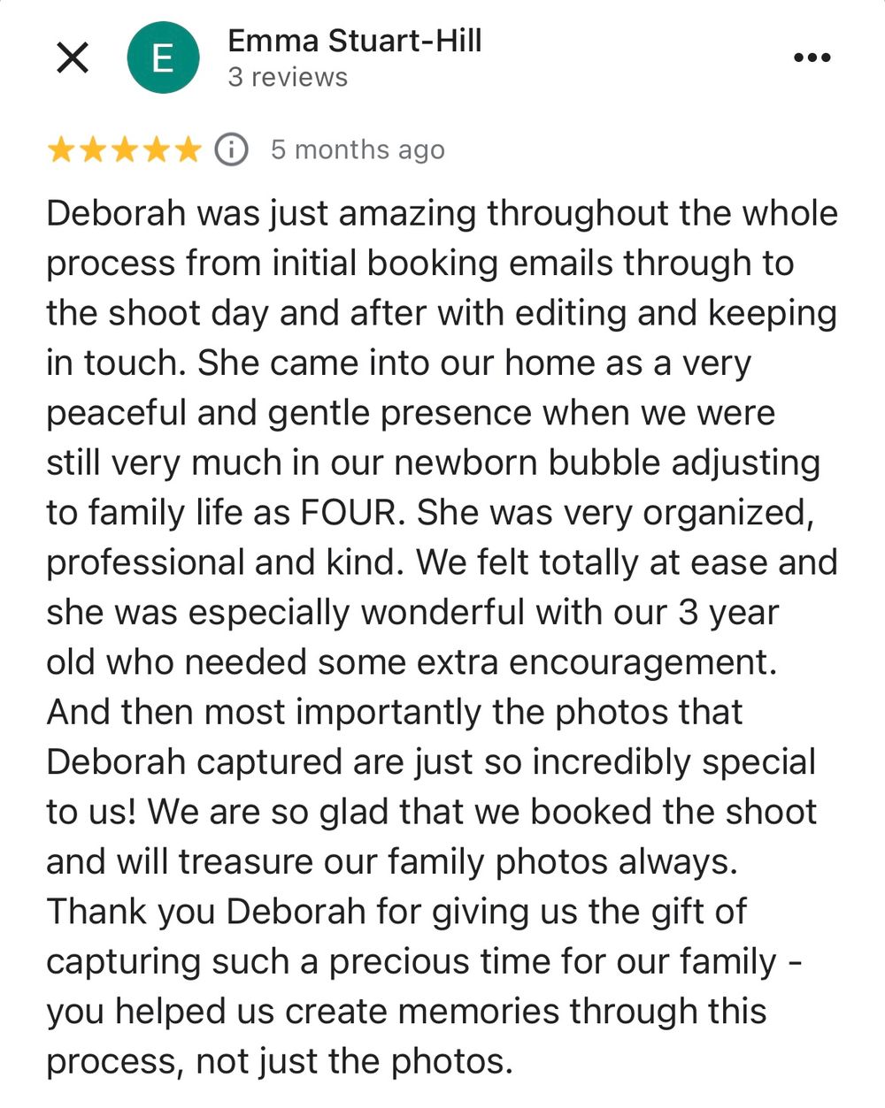A screenshot of a positive customer review with five star rating and text feedback about photography services.