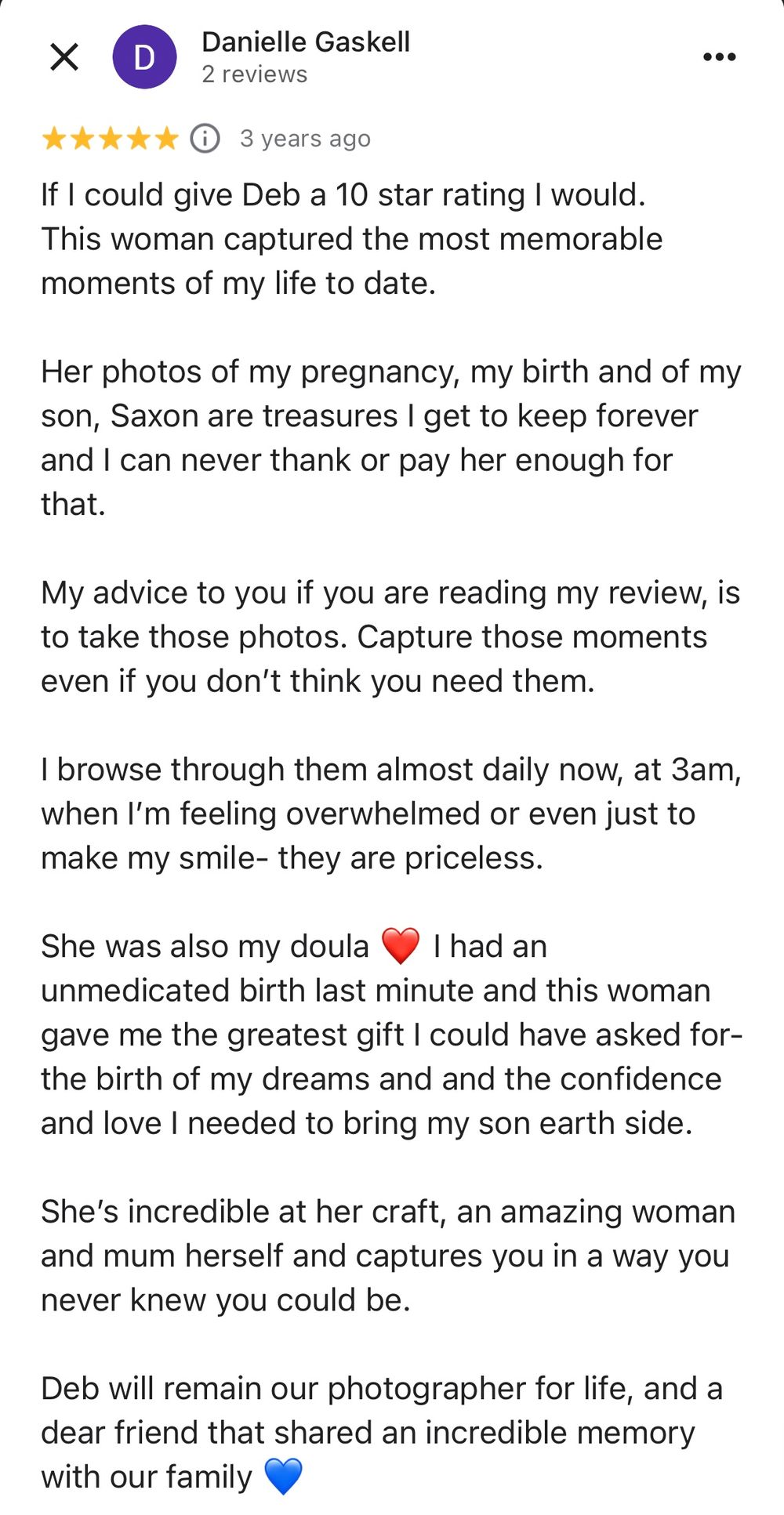 A screenshot of social media reviews showing 5-star ratings and positive testimonials for a photographer's services.