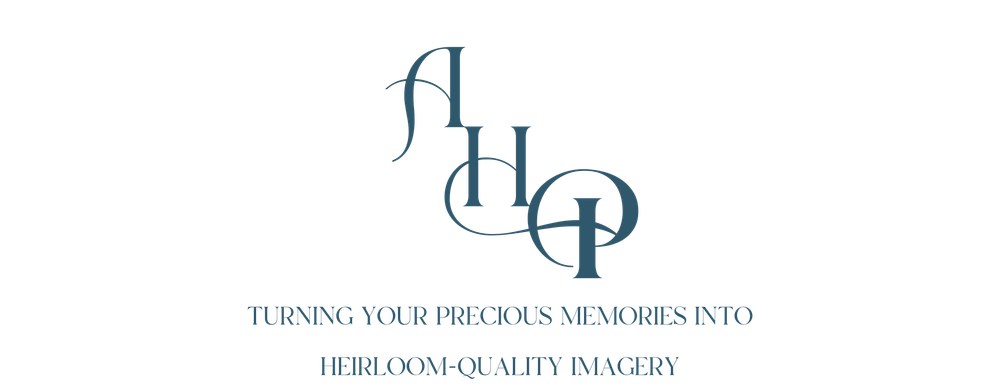 Elegant blue monogram logo design with AHP letters for precious memories and high quality images business.