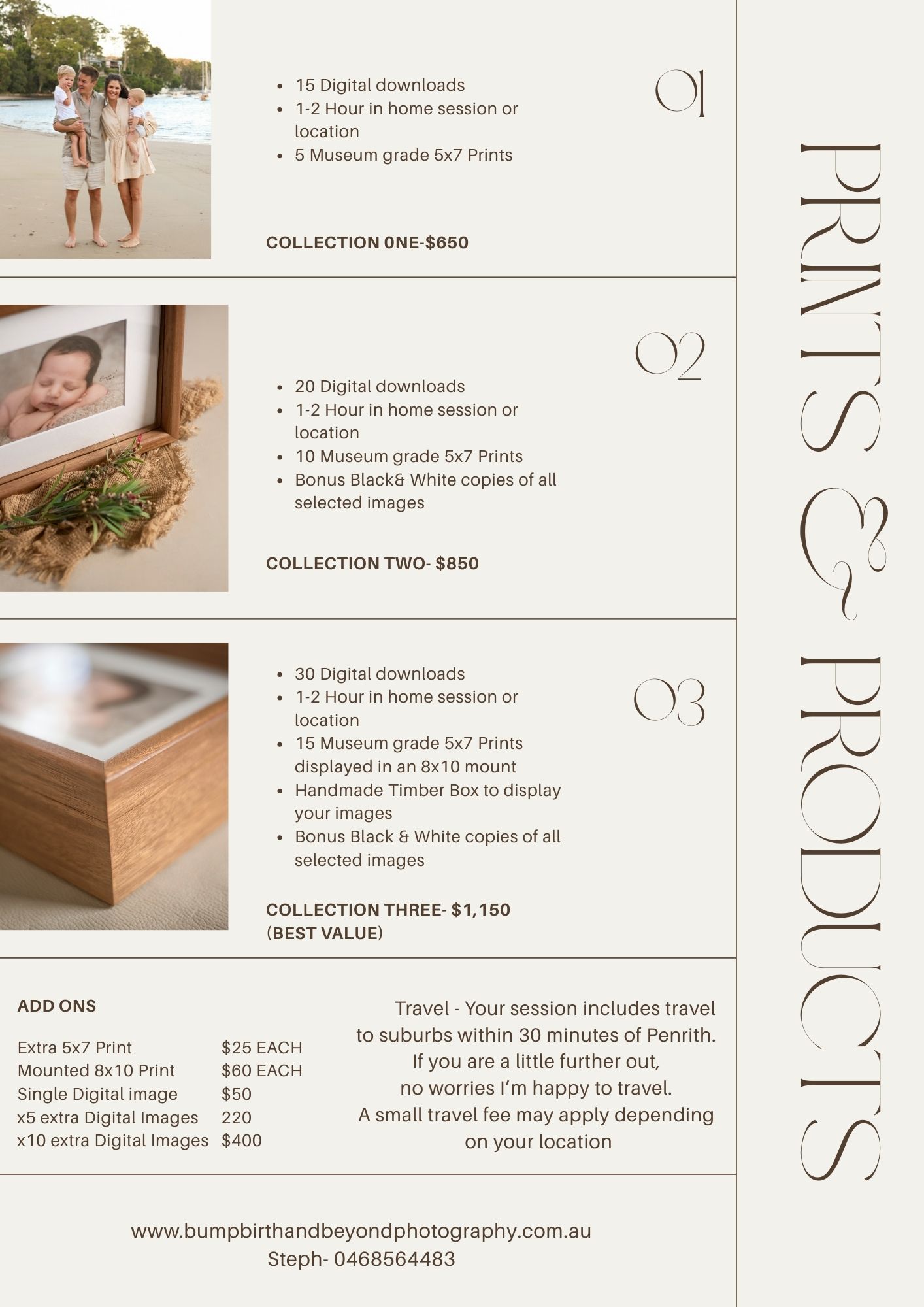 Family price list cost with bump birth and beyond family photography. Prints and digitals available. contact Steph- 0468564483