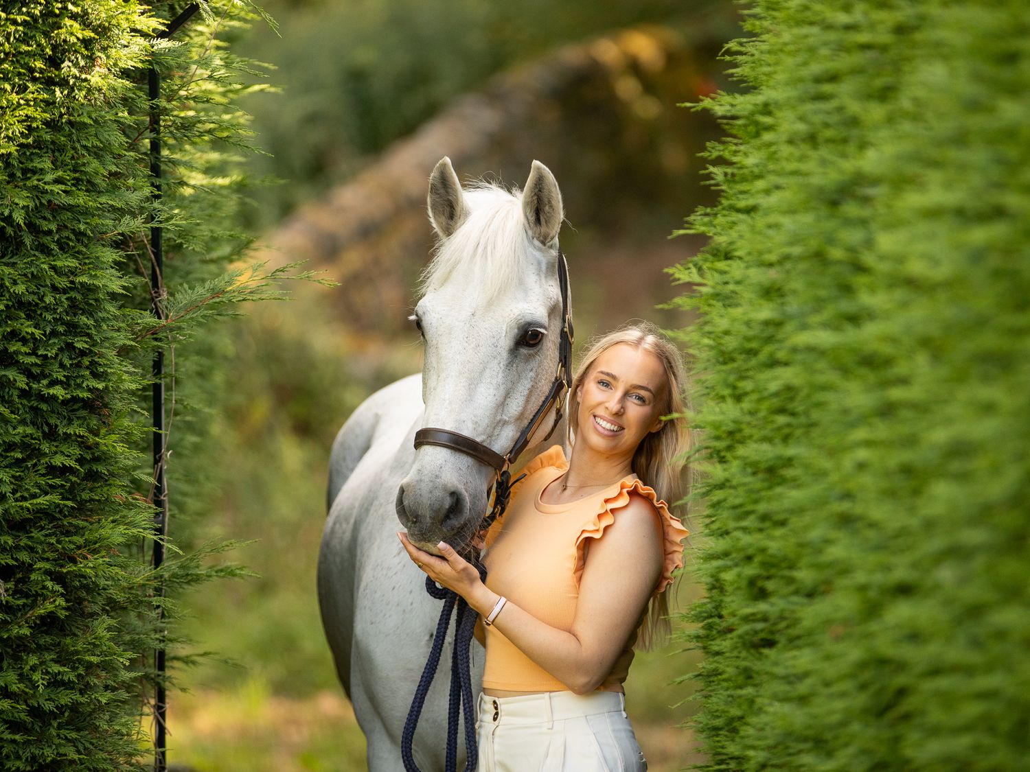 A beautiful black and white paint horse stands with a person on a sunny autumn day outdoors.