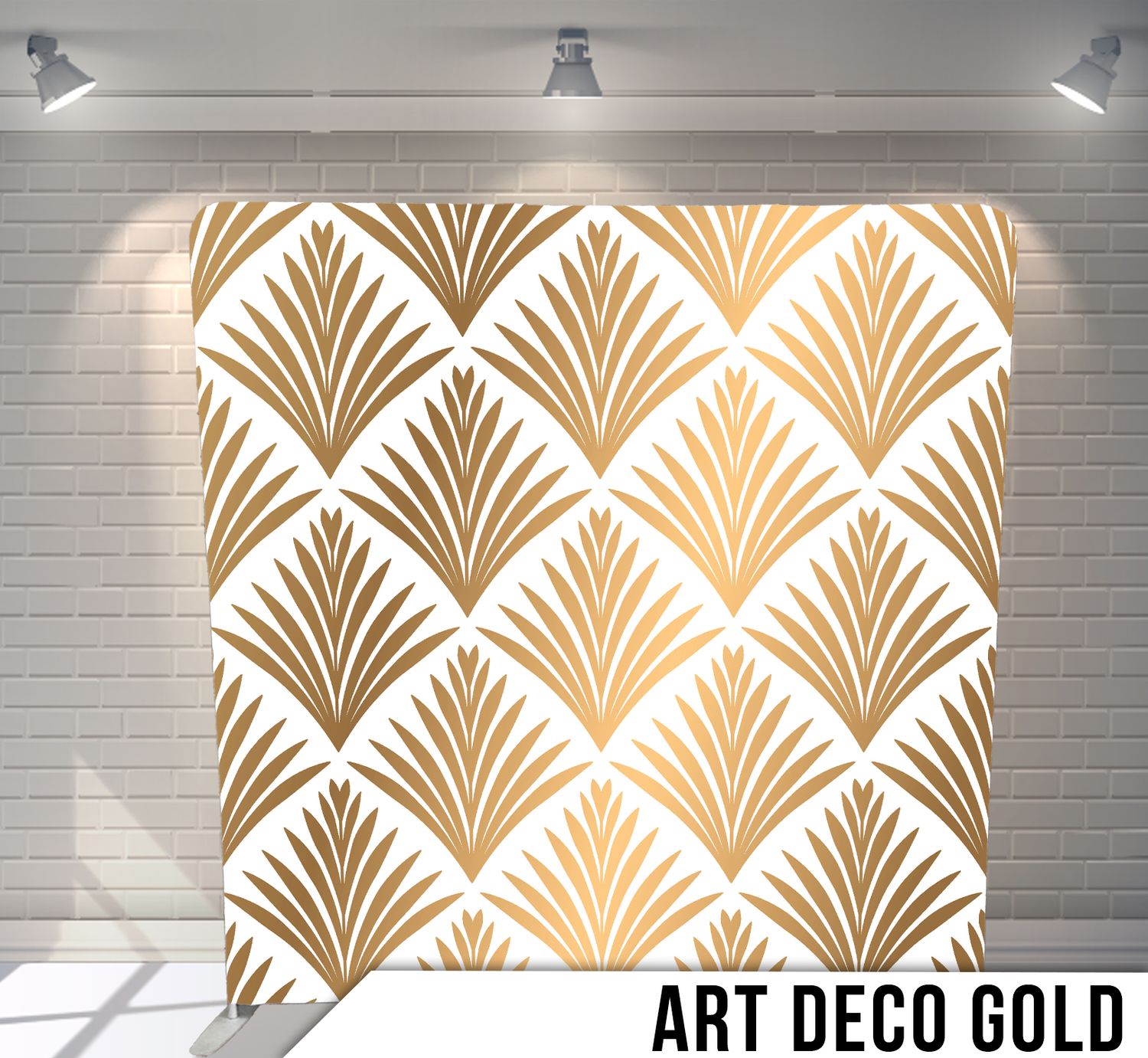 Art Deco gold and white fan pattern wallpaper design shown in various lighting conditions against a brick wall backdrop.