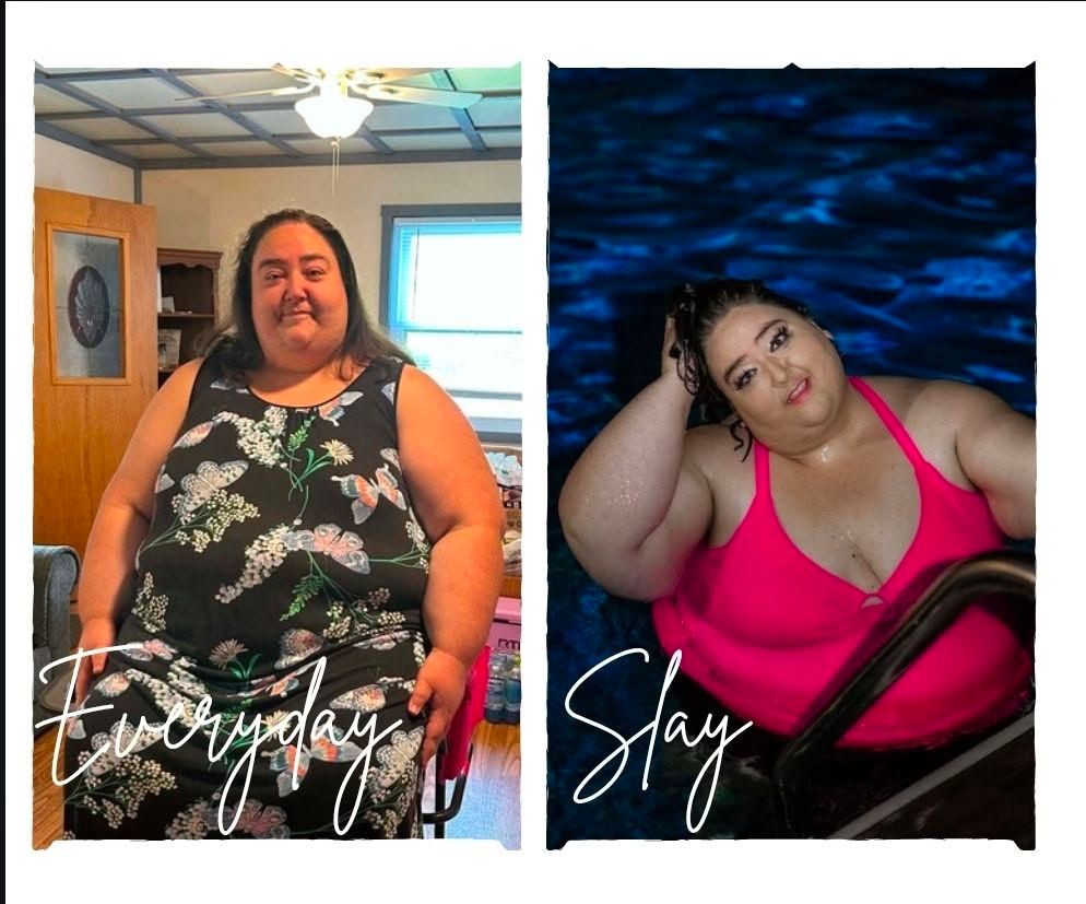 Side-by-side comparison of a woman in casual everyday attire vs pink bathing suit & pool in Boudoir Photo session labeled Everyday and Slay.