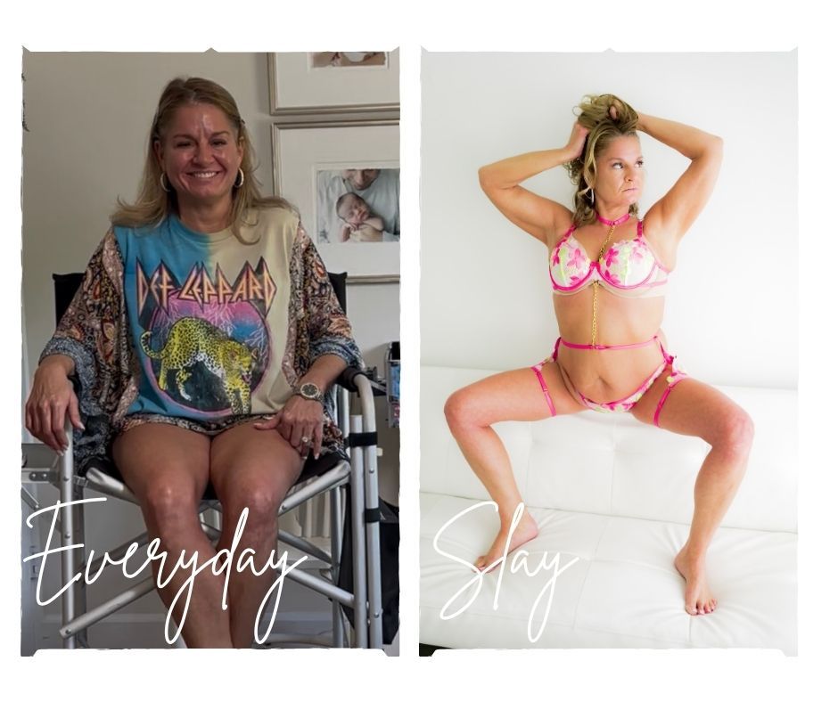 Side-by-side comparison of a woman in casual everyday attire vs pink lingerie in Boudoir Photo session labeled Everyday and Slay.