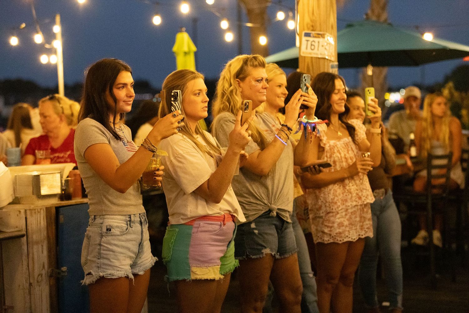 A group of people raise their glasses in a toast at an evening outdoor gathering with string lights overhead.