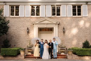 Seven photos showing a wedding celebration at a traditional brick church venue with decorative architecture and landscaping.