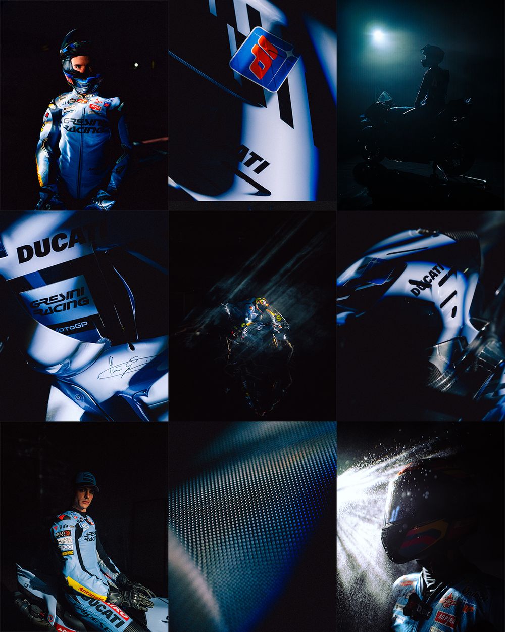 Dark artistic motorcycle photoshoot with dramatic lighting and close-up details of a Ducati bike.