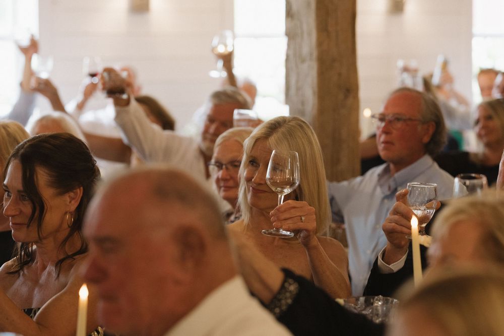 Wedding guests raise their glasses in a celebratory toast.