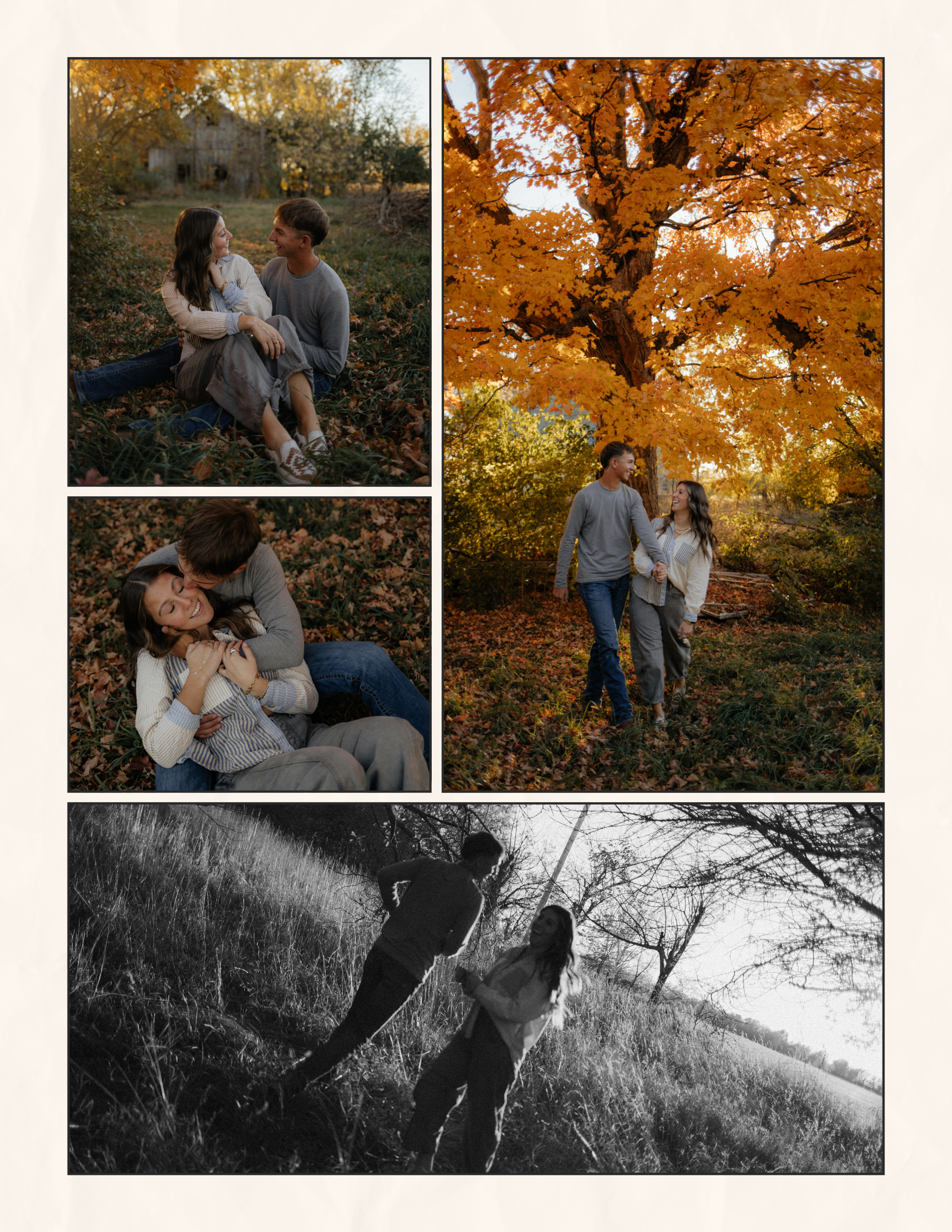 A romantic autumn photoshoot in a park with golden maple trees creating a warm backdrop.