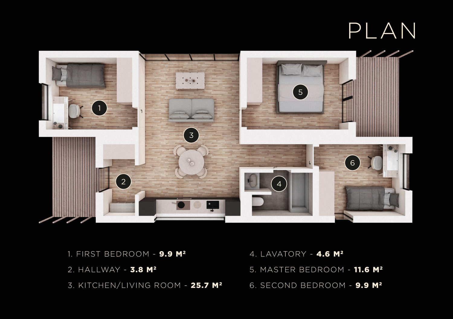 Top-down floor plan layout of a modern apartment with labeled rooms and measurements.