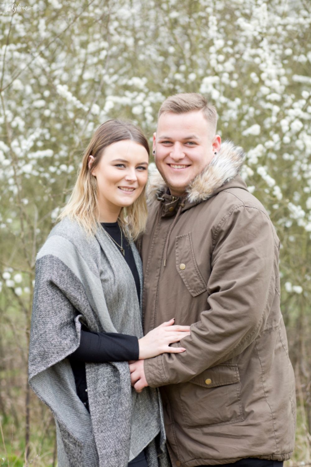 Engagement photo series showing couple in warm winter coats embracing outdoors.