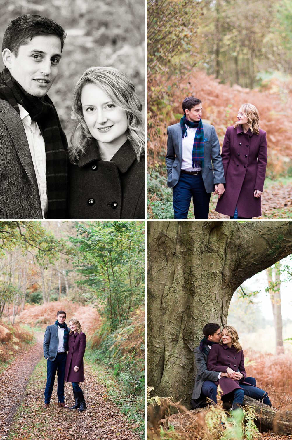 Collage of romantic couple photos taken in autumn woodland setting.