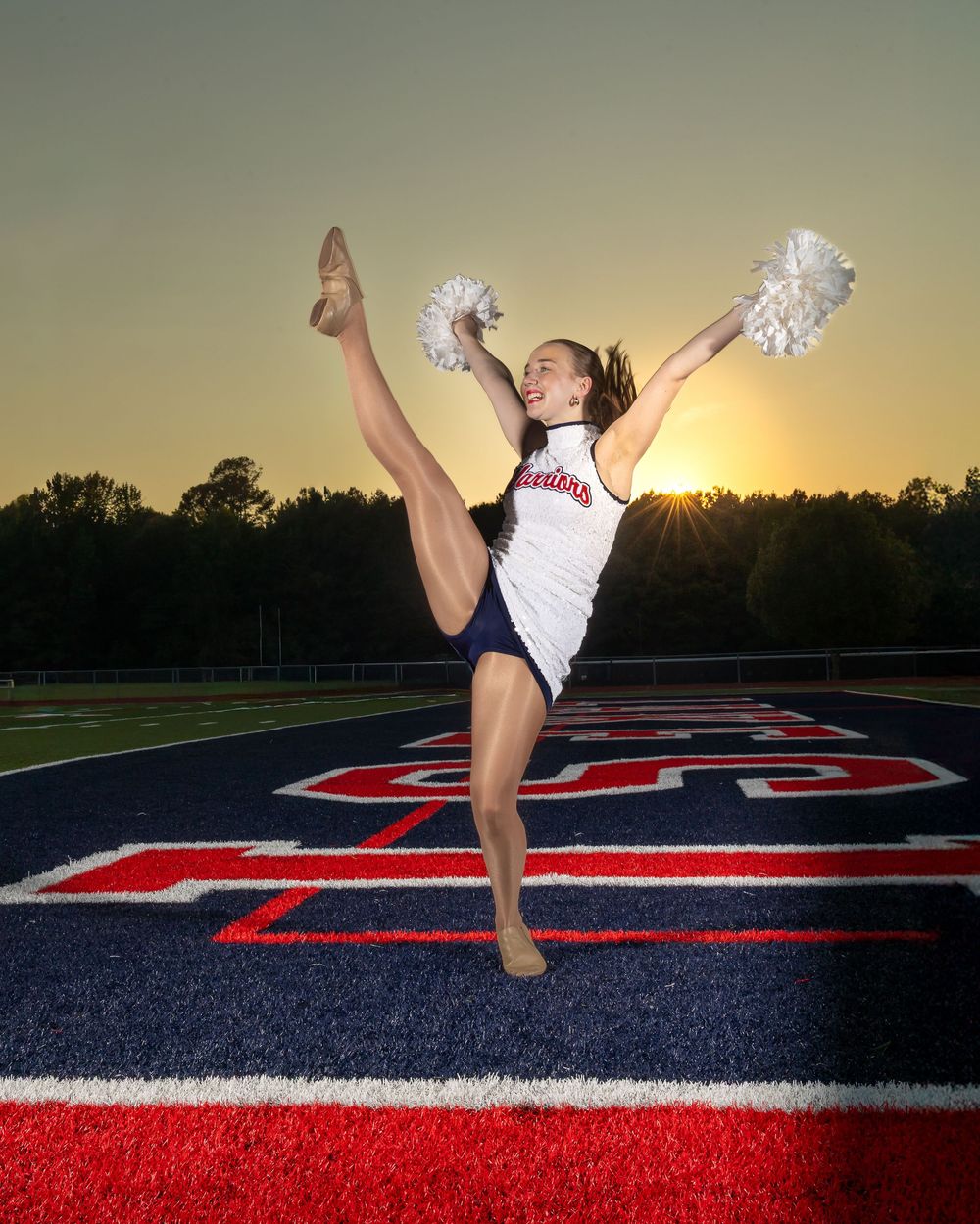 Dynamic cheerleading poses captured in sequence on an athletic field during golden hour.