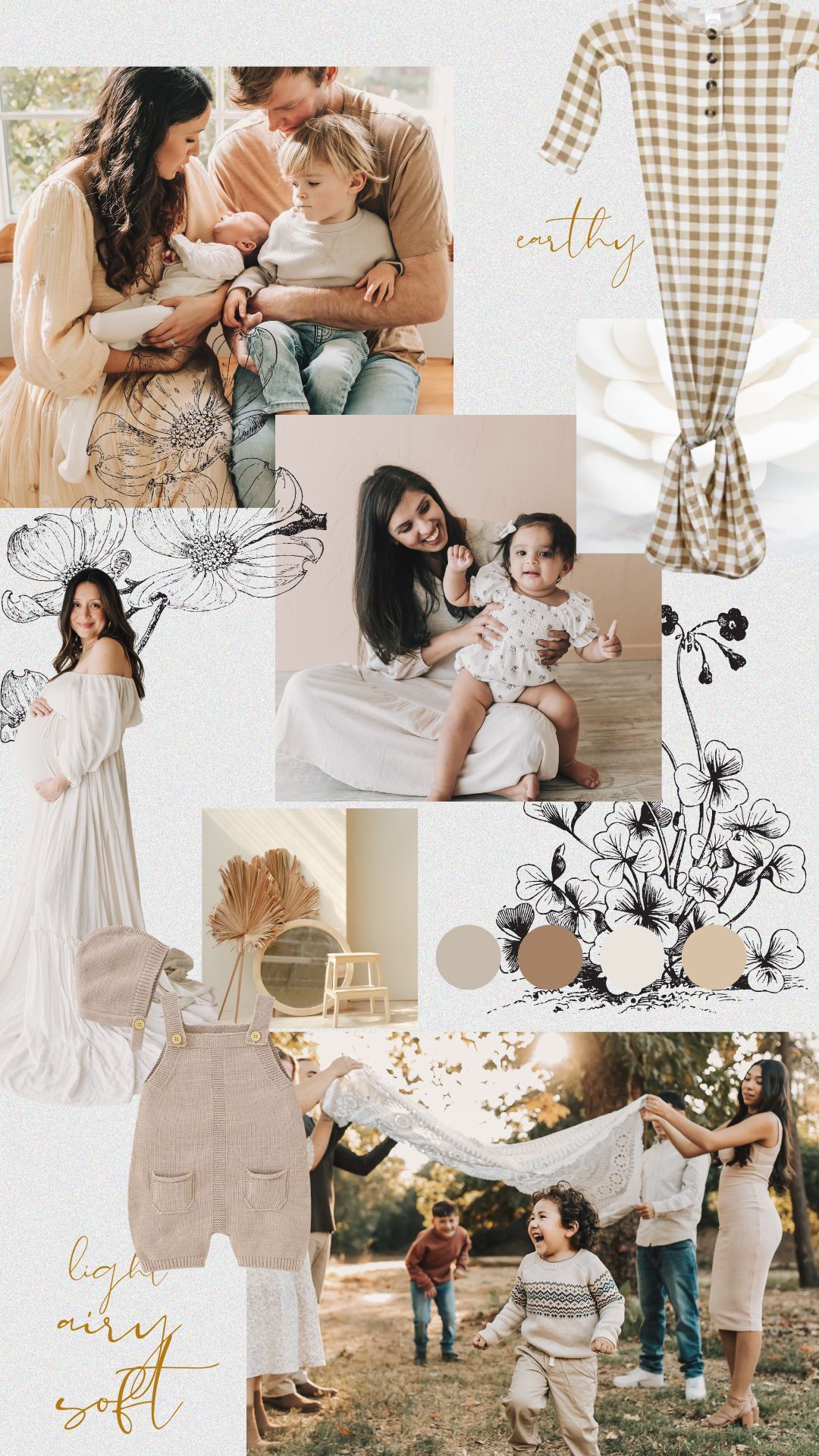 Warm neutral toned photo collage featuring family moments, gingham patterns, and floral illustrations in brown and beige colors.