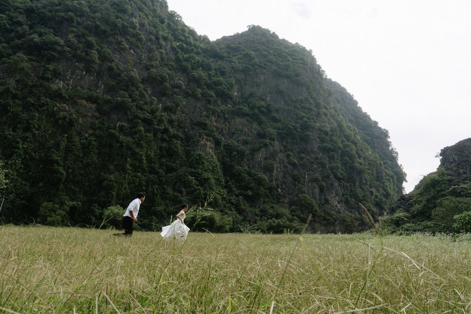 Couple in wedding attire walk through tall grass field with dramatic limestone karst mountains in background.