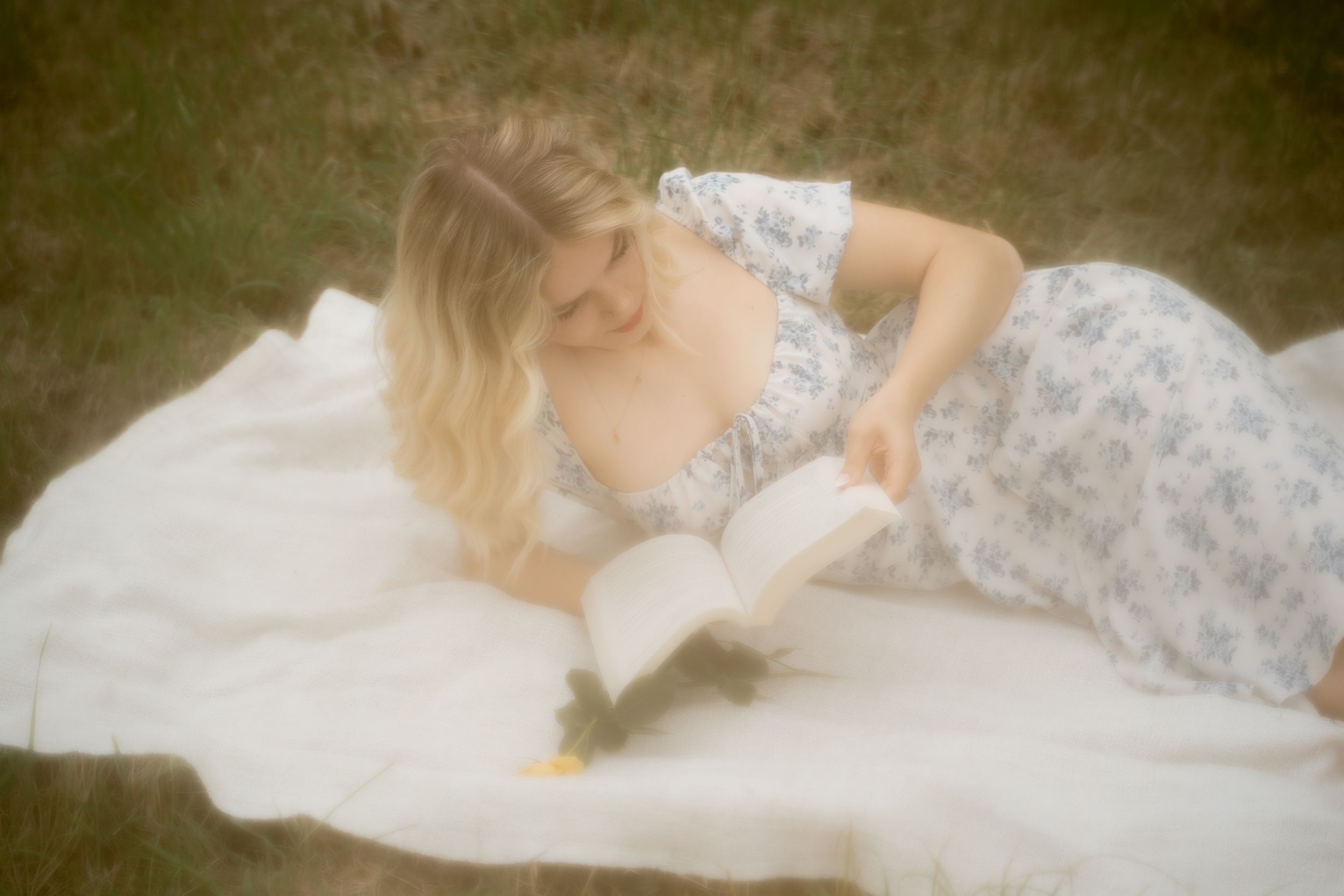 A dreamy photo sequence shows a figure with soft vintage lighting effects.