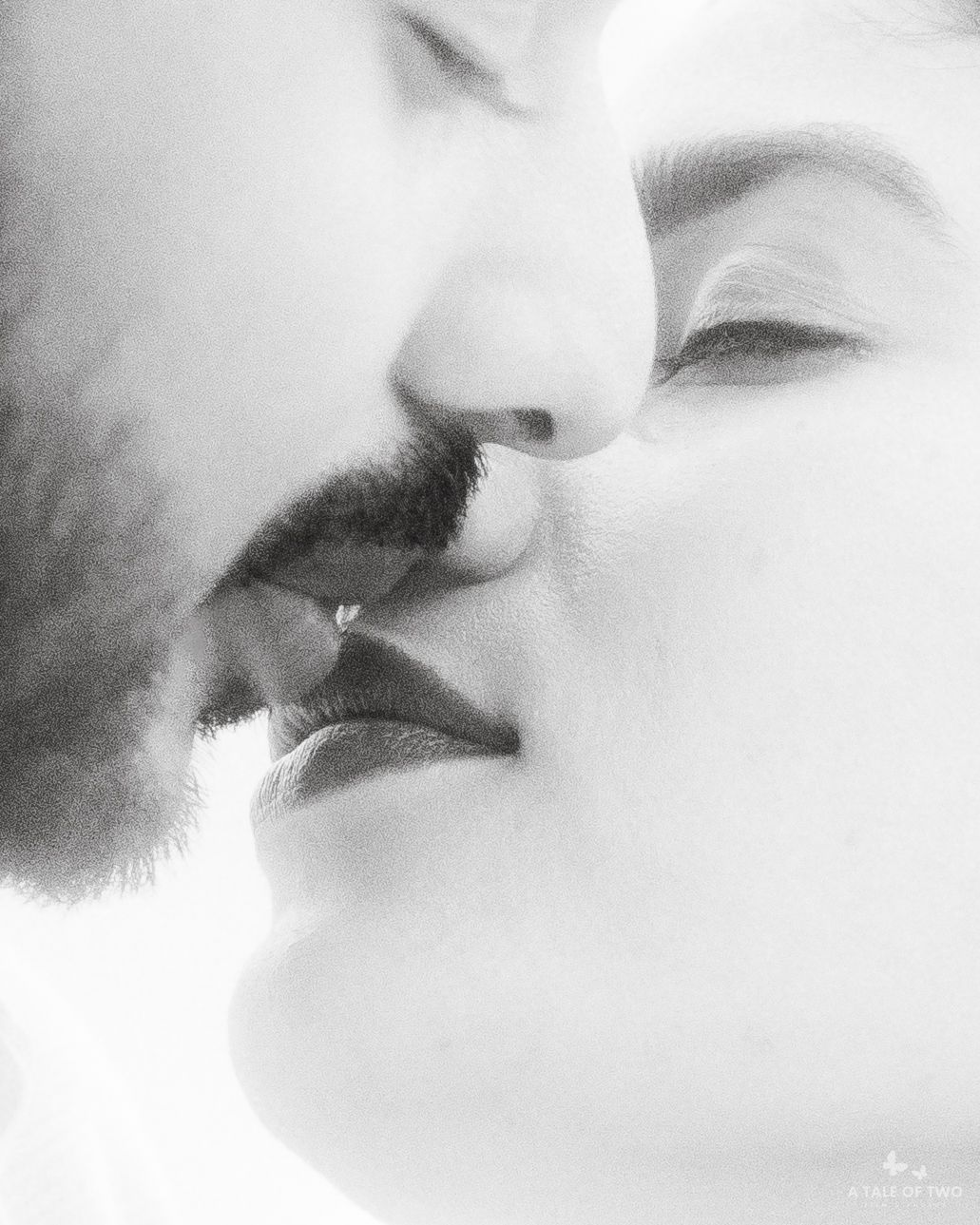 Artistic black and white close-up photo series showing different angles of a couple kissing with soft focus effects.