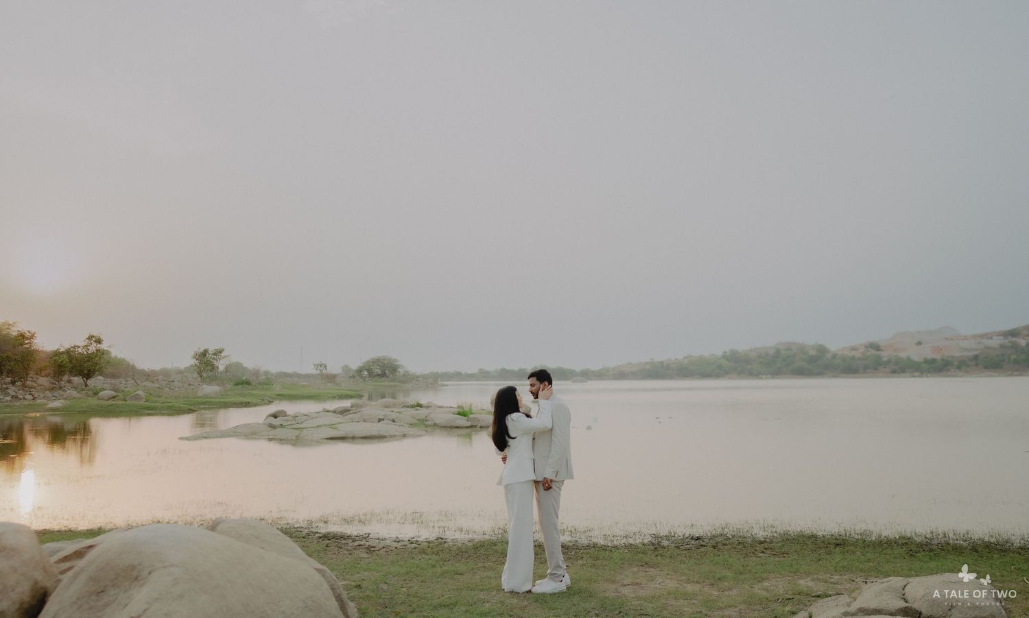 A series of panoramic waterfront scenes showing a misty lake or river landscape in soft neutral tones.