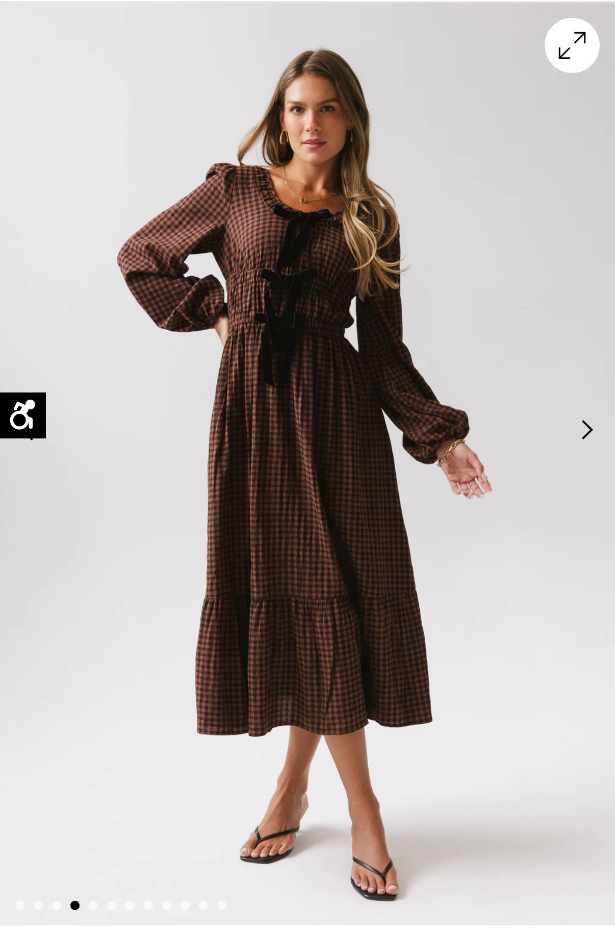 Brown plaid babydoll dress with long puff sleeves and tiered skirt shown from multiple angles on light background.