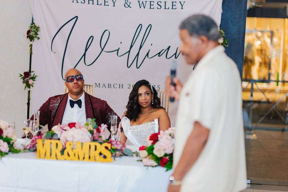 A collage of wedding reception photos showing dancing, dining, and celebration moments at an elegant venue.