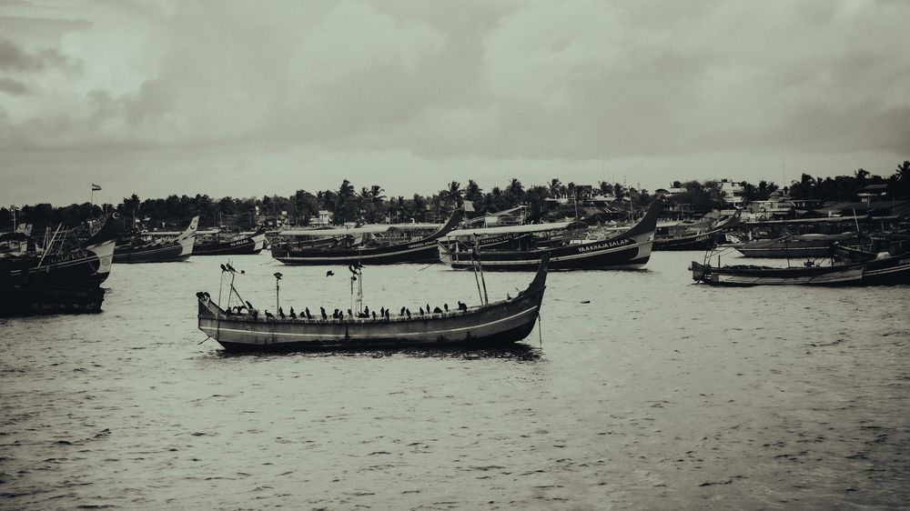 Panoramic seascape showing multiple boats on calm waters under an overcast sky.