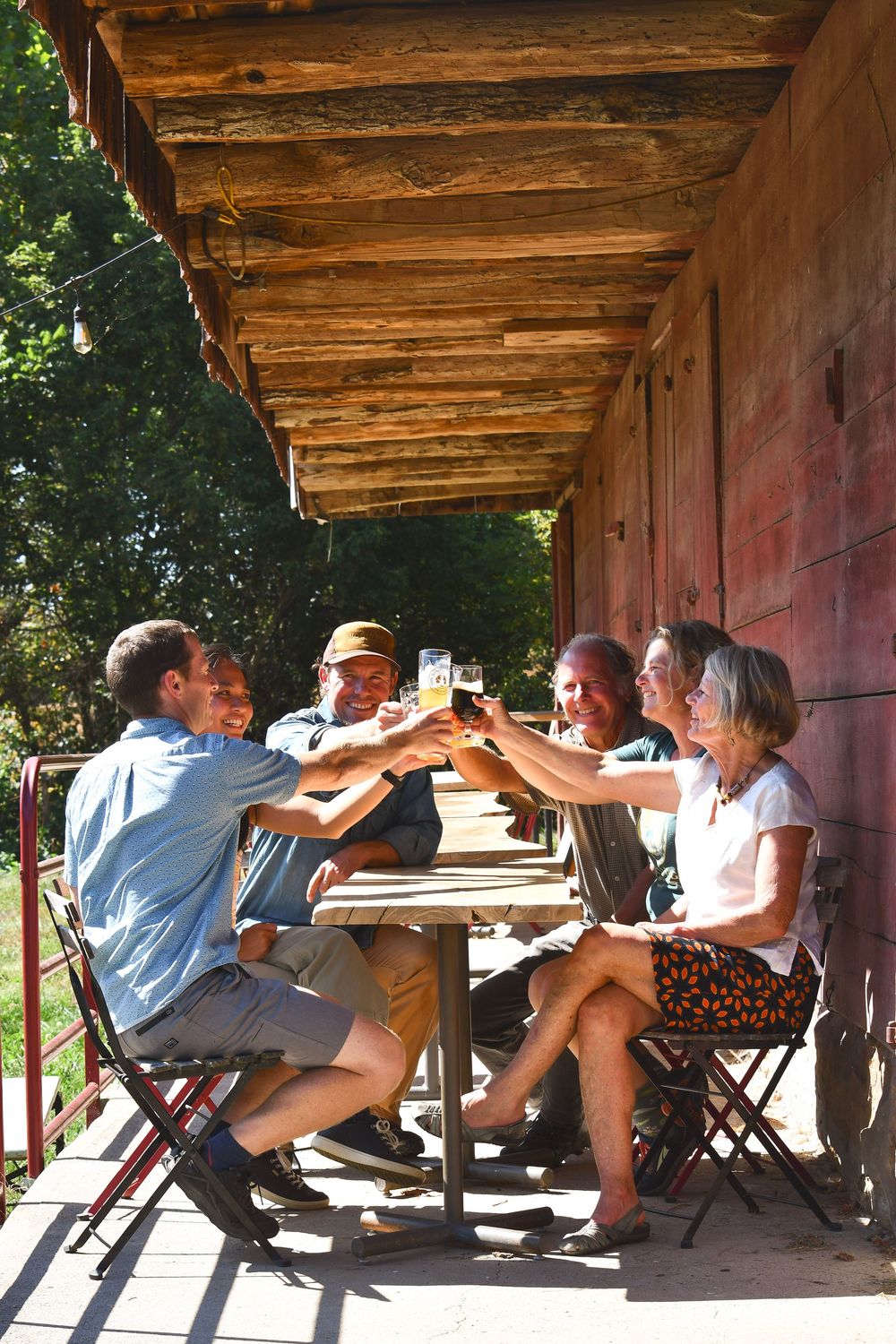 Group of friends toasting drinks at an outdoor wooden porch table on a sunny day.