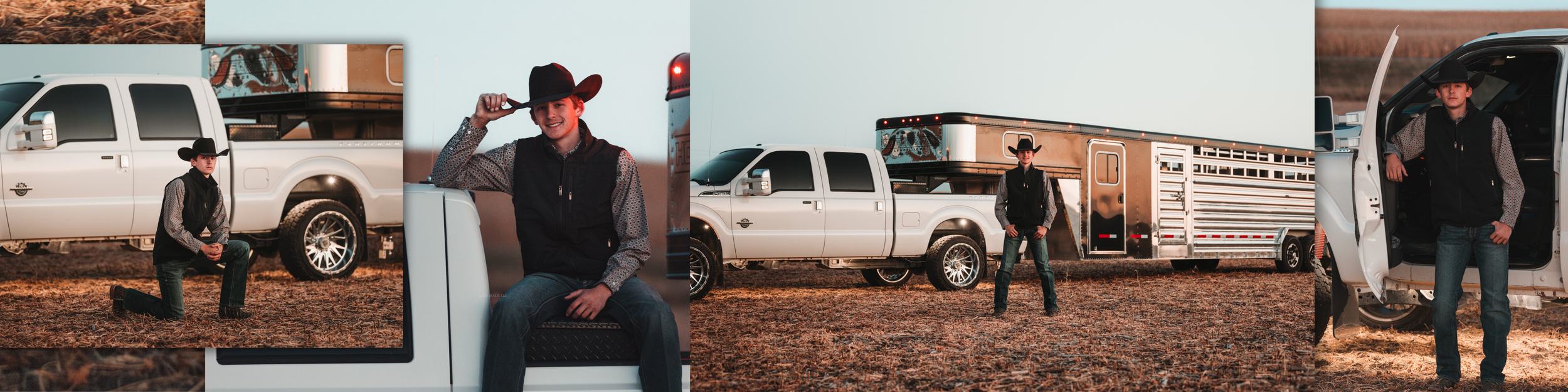 Rustic country-style photo collage featuring trucks and ranch scenes at sunset.