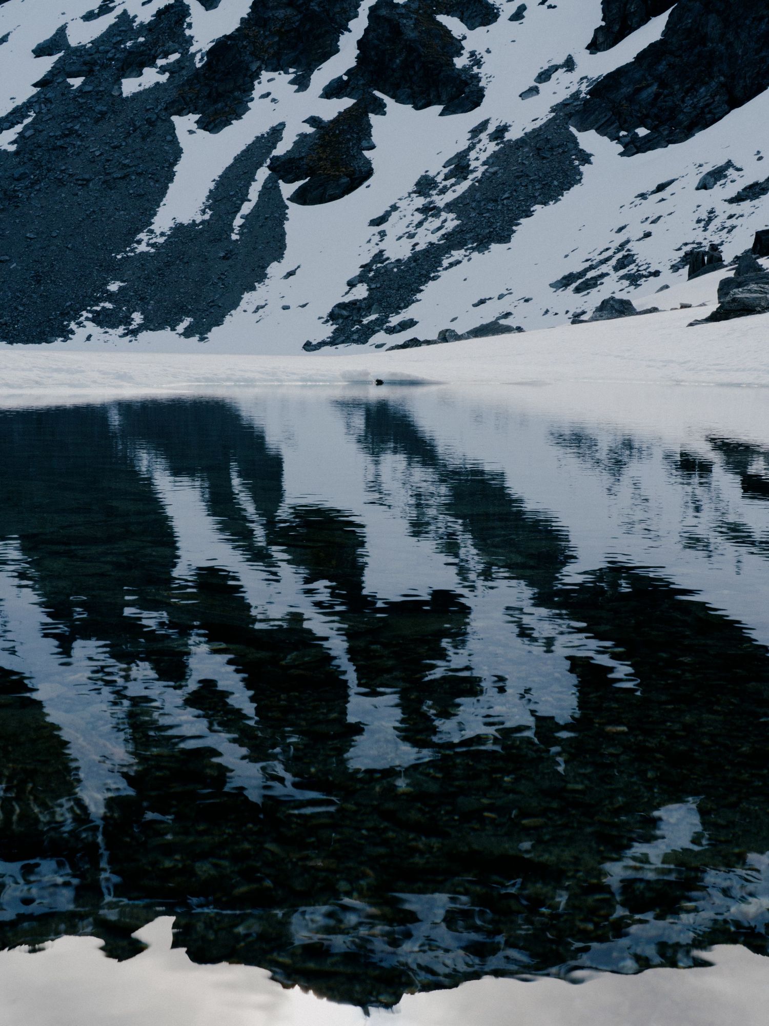 Snow-capped mountain peaks reflect perfectly in a calm alpine lake creating a mirror-like symmetry.