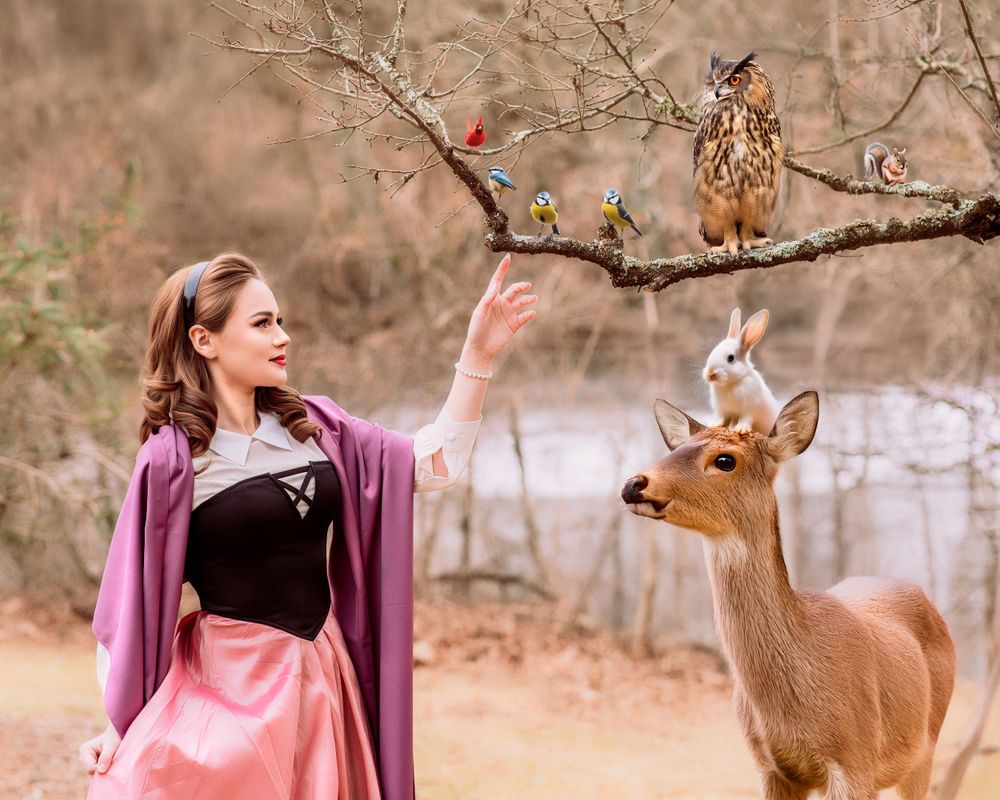 Sleeping Beauty Quinceanera Sweet 16 theme princess aurora Briar Rose in the forest with woodland creatures surrounding her, photo session