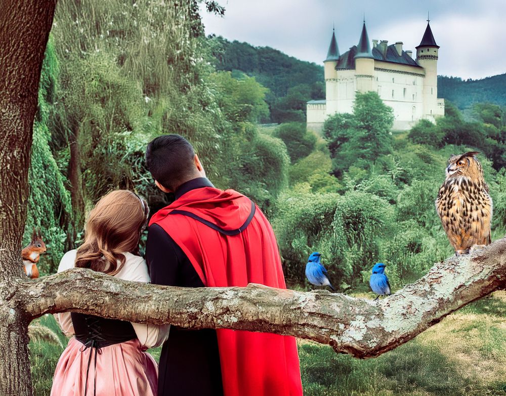 Sleeping Beauty Quinceanera Sweet 16 theme princess aurora Briar Rose and Prince Phillip  looking towards a castle far away, photo session
