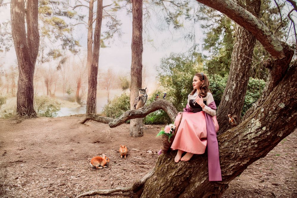 Sleeping Beauty Quinceanera Sweet 16 theme princess aurora Briar Rose in the forest with woodland creatures surrounding her, photo session