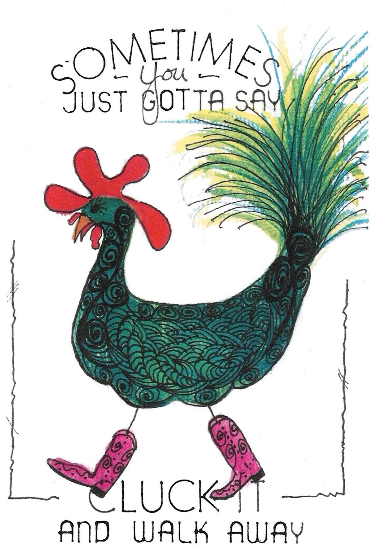 Decorative teal rooster with swirling patterns and pink boots in a sequential comic strip.