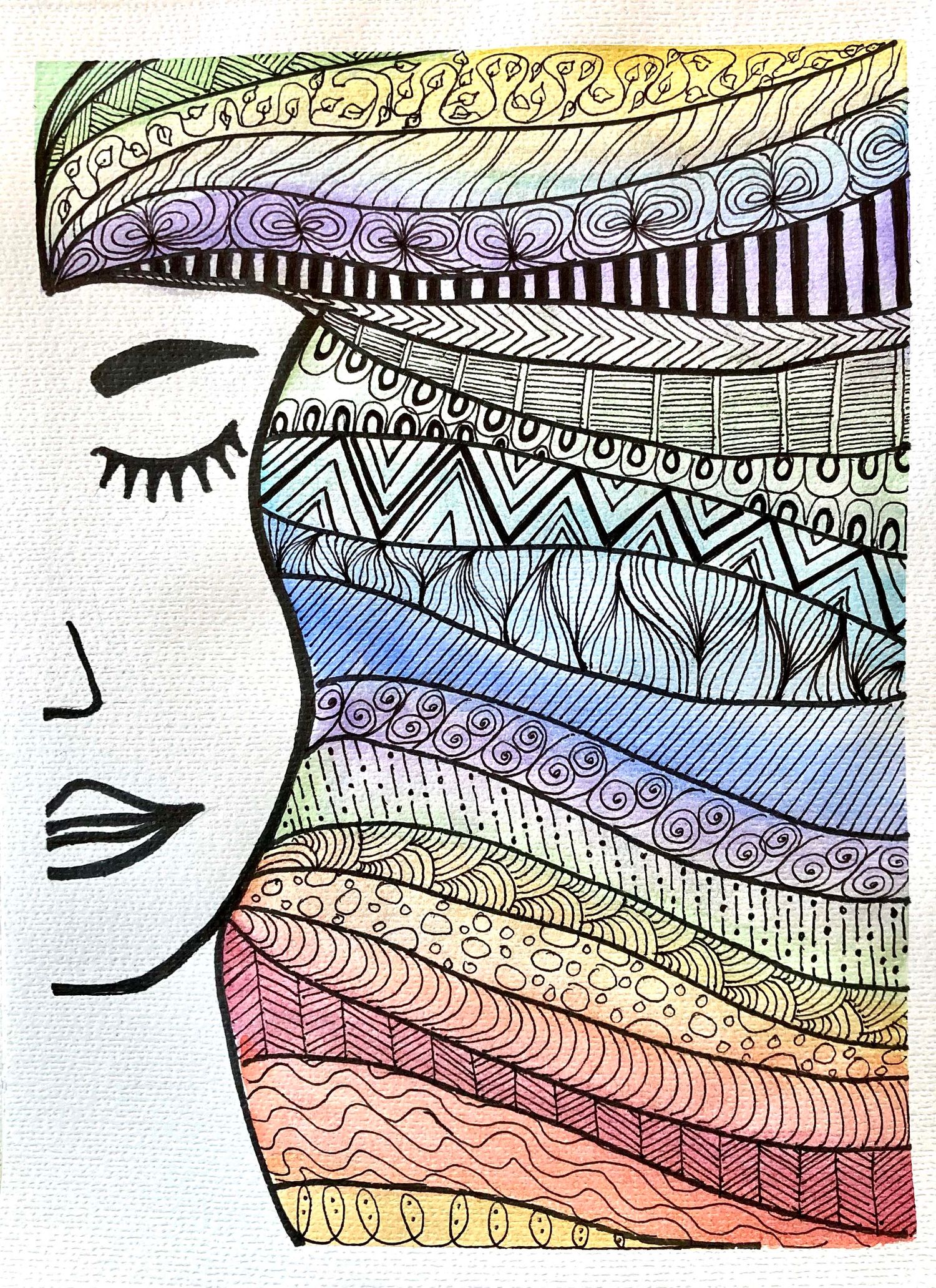 Decorative pattern featuring rainbow colored waves with zentangle designs and line art.