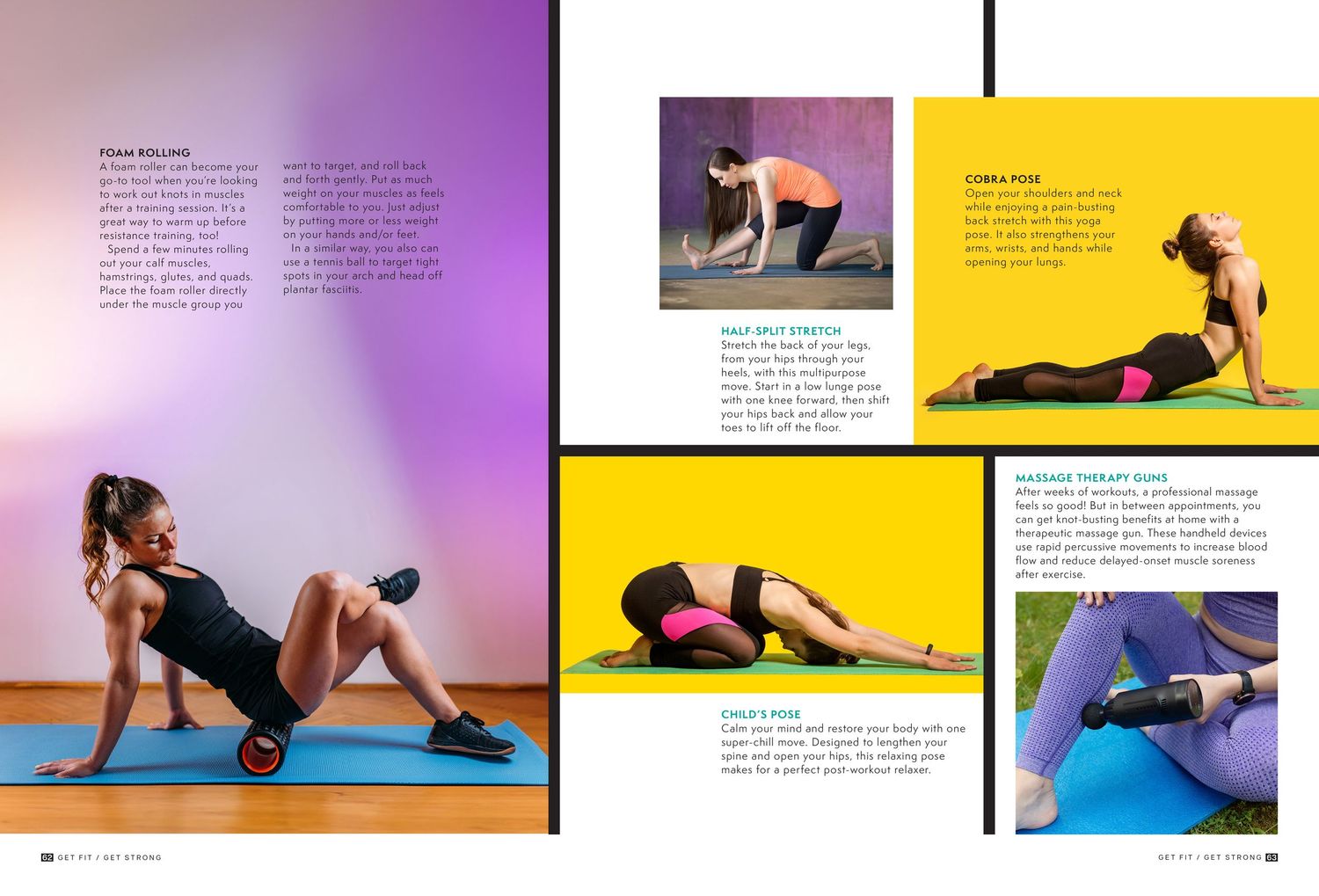 Series of stretching and muscle recovery exercises demonstrated on colorful yoga mats.