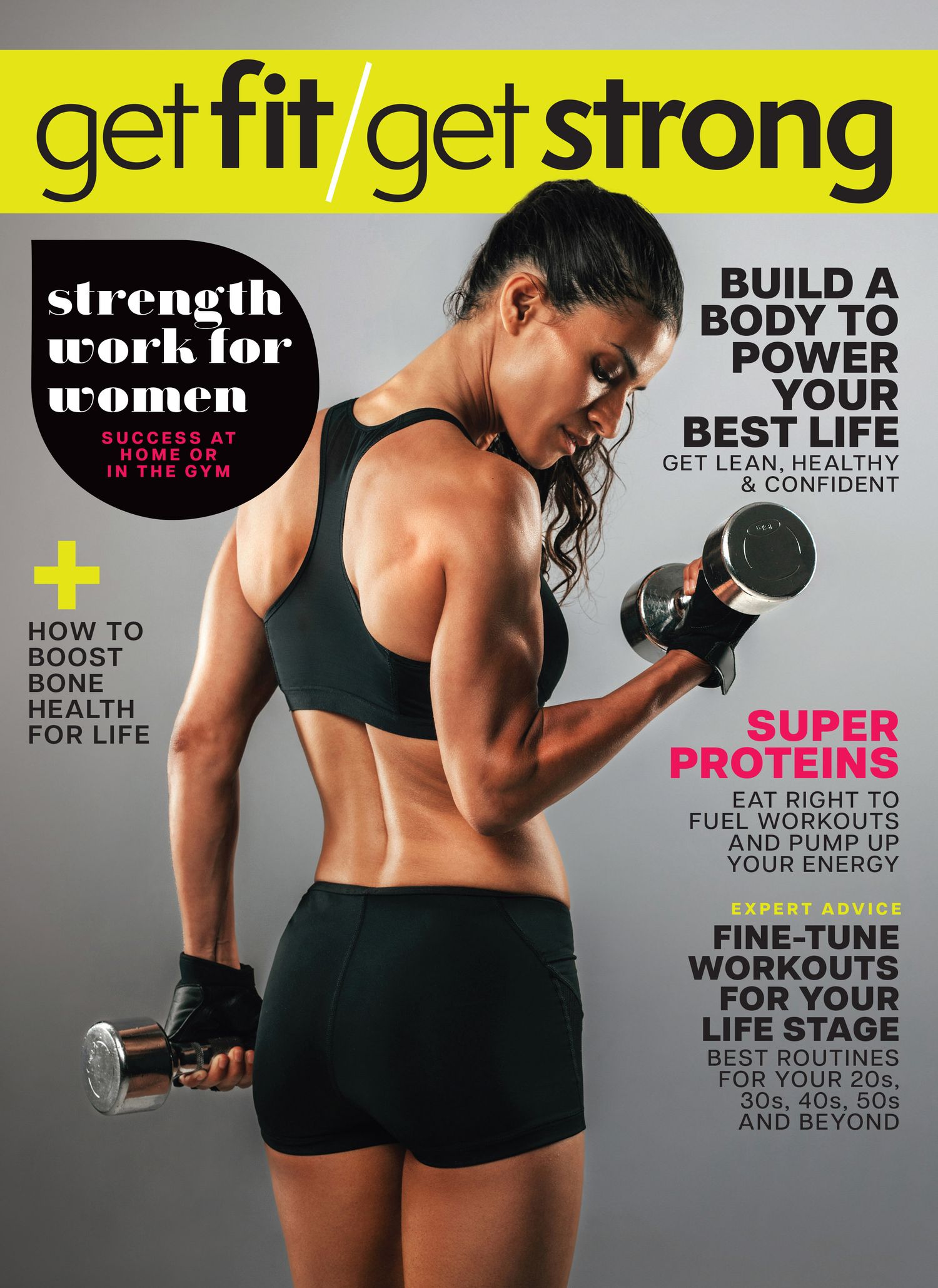 Collection of fitness magazine covers featuring strength training and workout content.