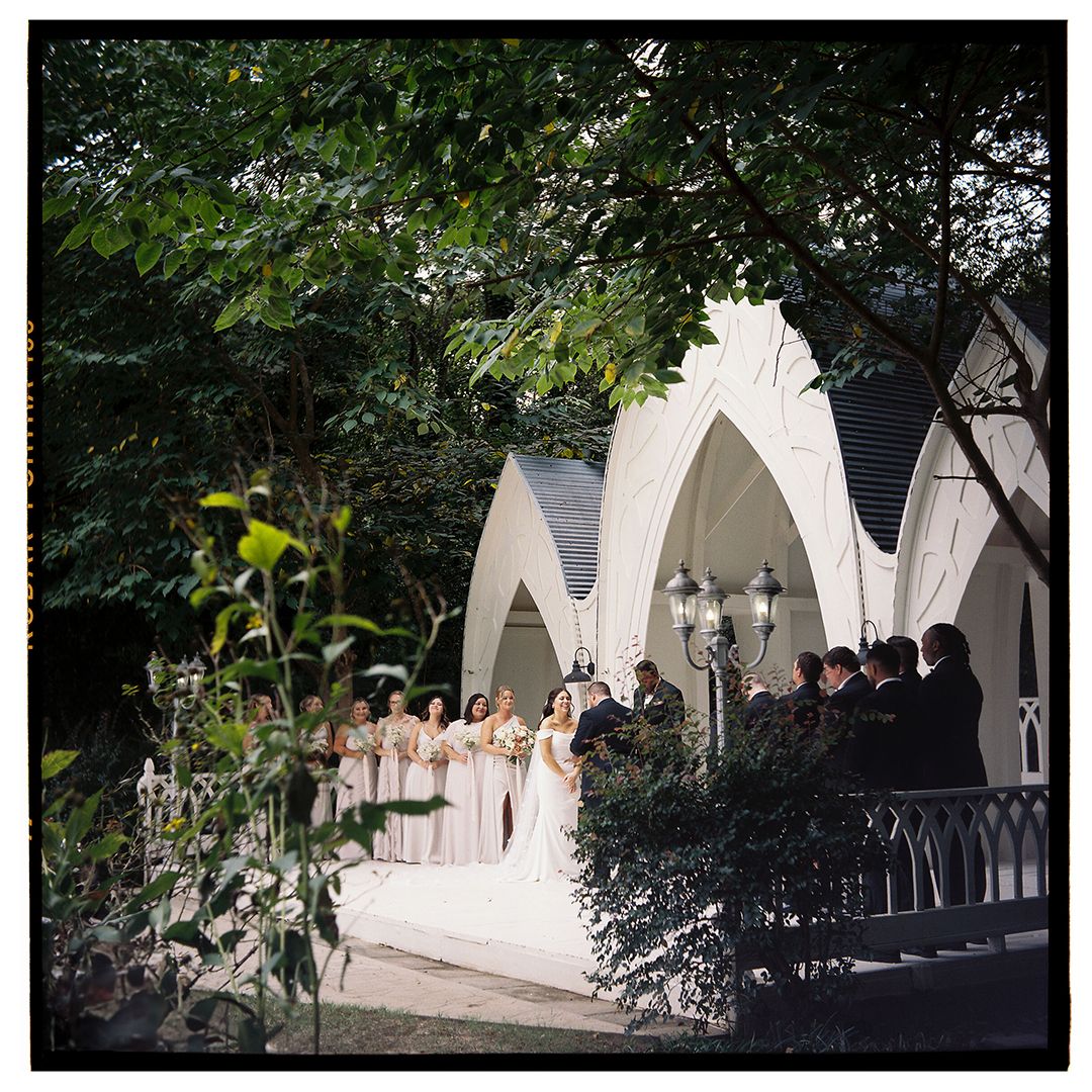 Wedding party lined up under gothic arches during outdoor ceremony.