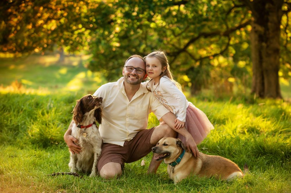 A joyful family moment in a sunlit park with two dogs sitting together on lush green grass during golden hour.