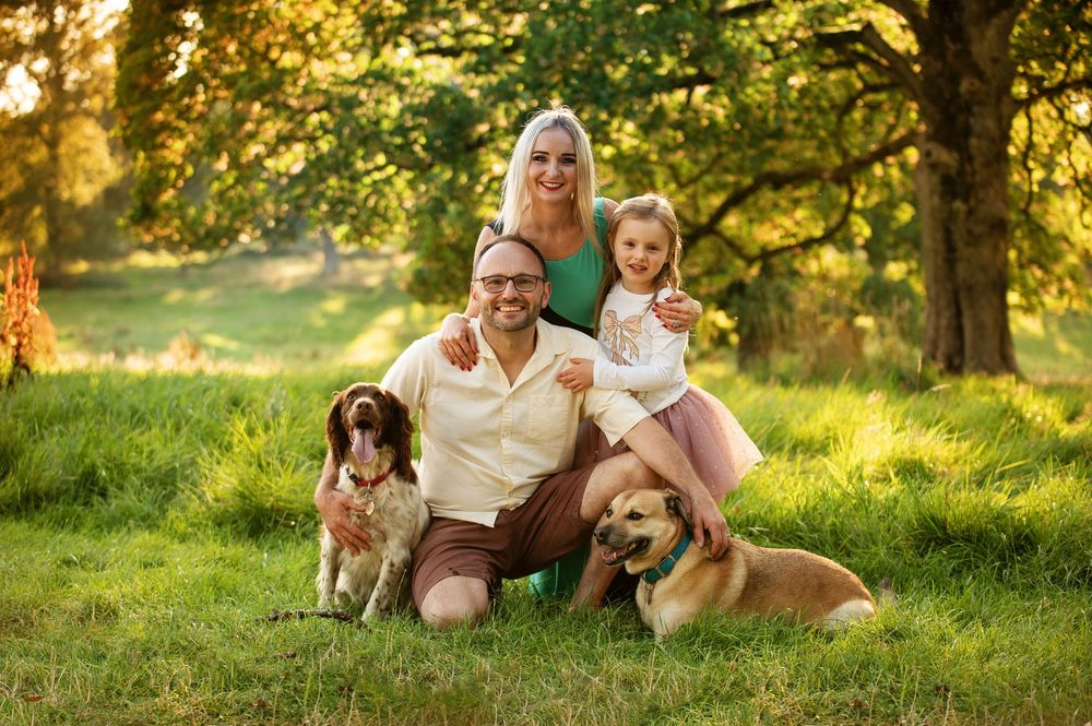 Family enjoying golden hour outdoors with their two dogs on grassy hill during sunset.