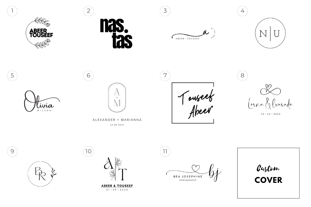 Collection of minimalist wedding photography logos and branding designs.