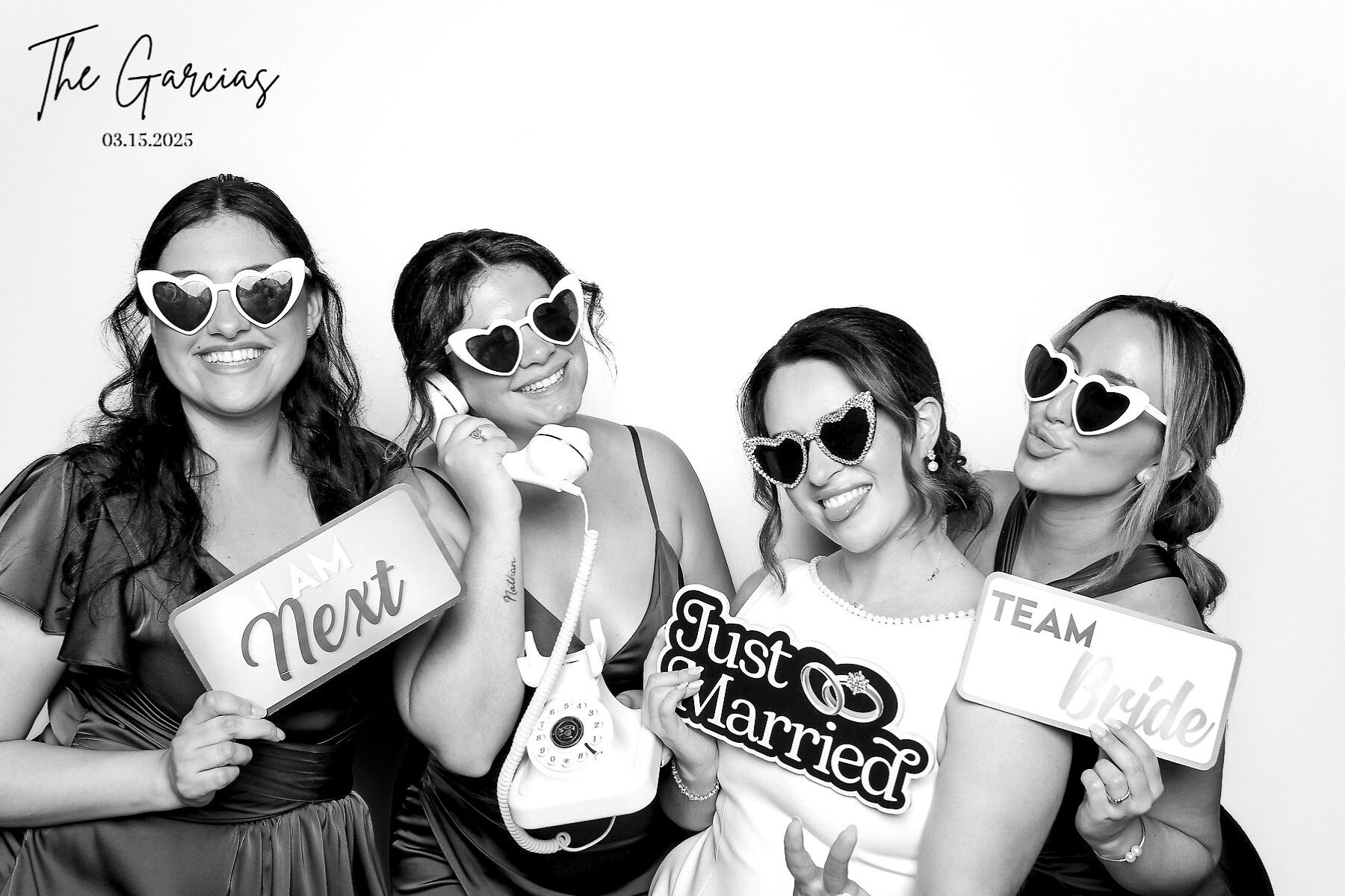 Group of people wearing white sunglasses pose playfully together in black and white photo collage.