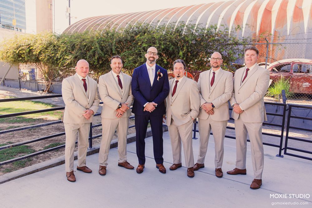 A series of wedding party photos showing groomsmen in tan suits posing together outdoors.