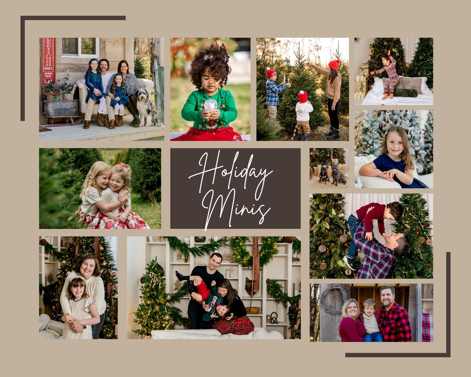 A collage of holiday family photos arranged in a grid layout with festive decorations and Christmas themed elements.