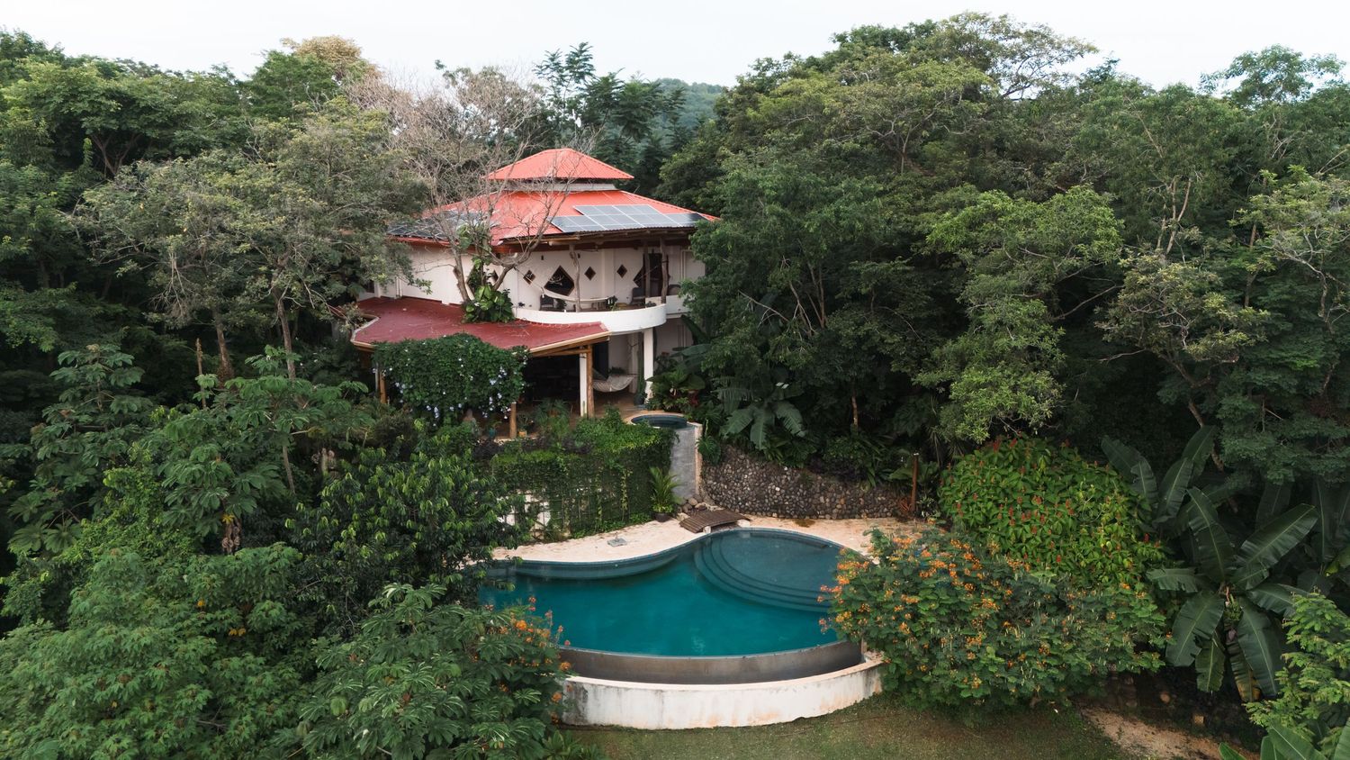 Panoramic view of lush tropical forest with swimming pool and buildings nestled in greenery.