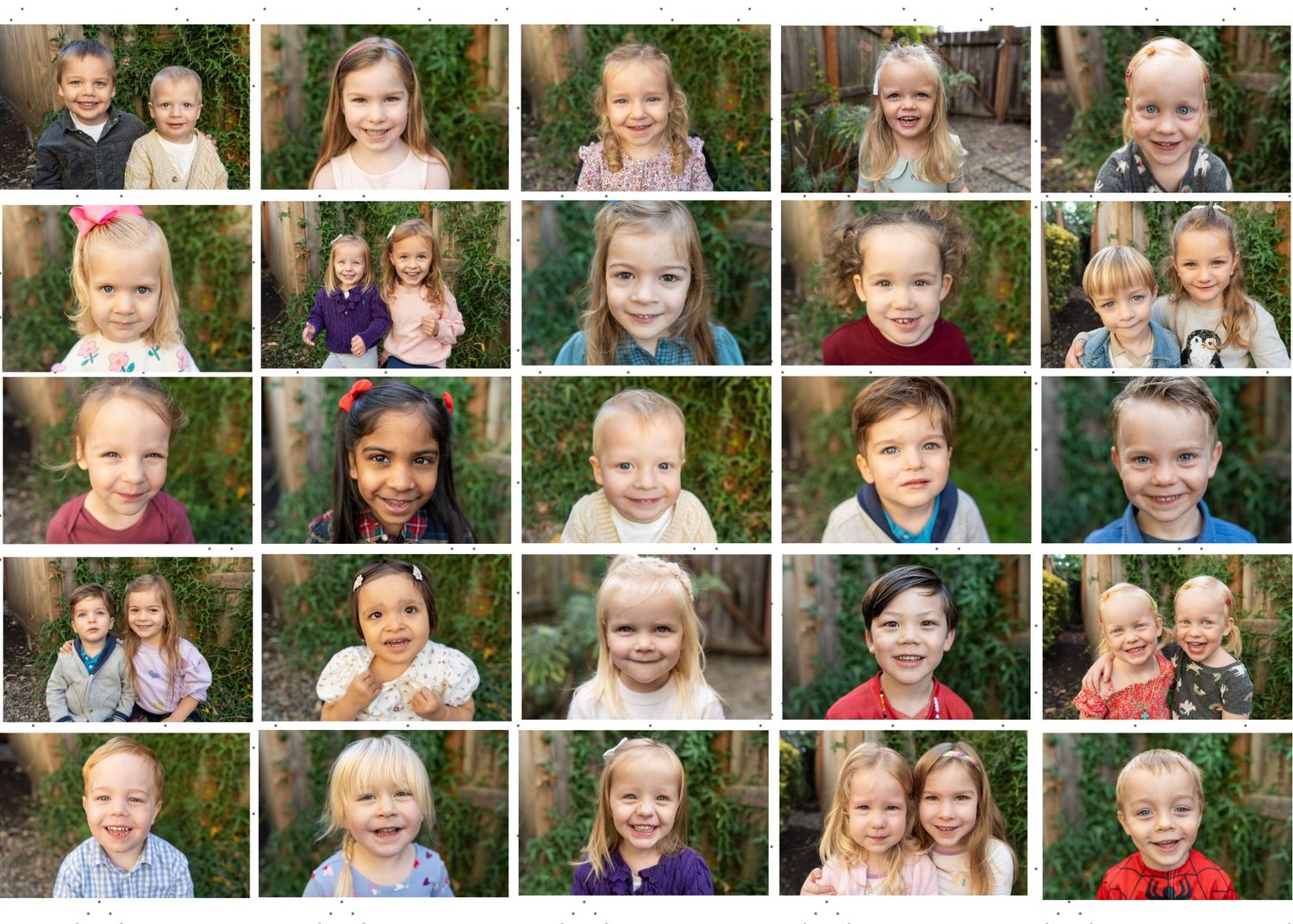 A photo collage grid showing multiple candid portraits of children in casual settings with various expressions and poses.
