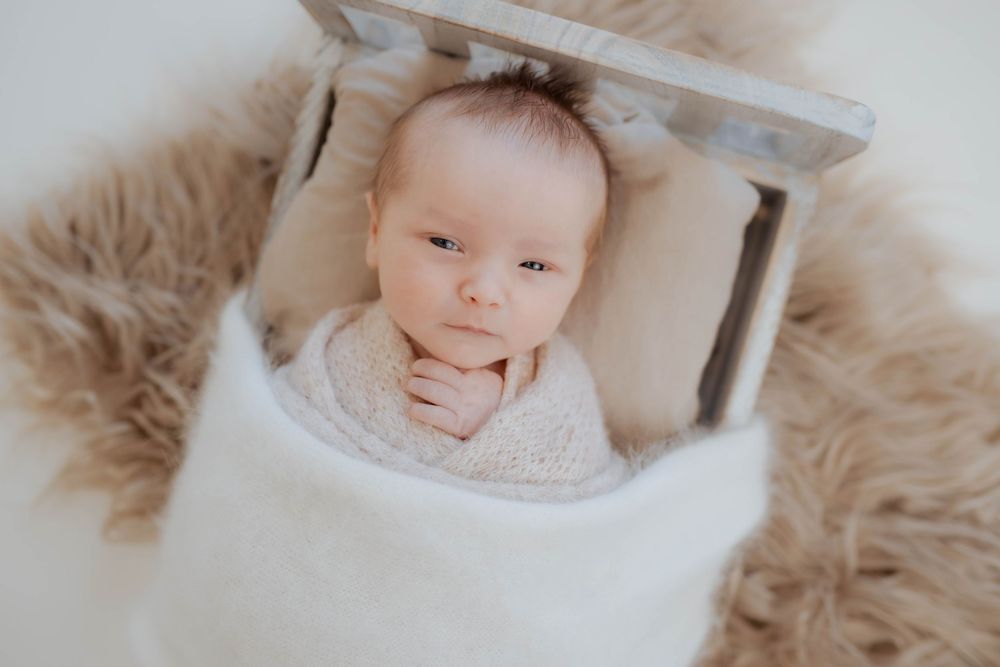 A series of five neutral-toned baby photos arranged horizontally showing peaceful sleeping poses on soft fur bedding.