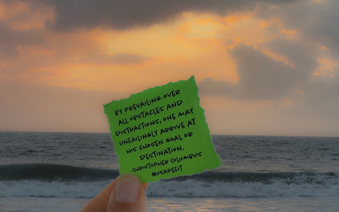 A series of ocean sunset photos with handwritten green sticky notes against dramatic waves and cloudy skies.
